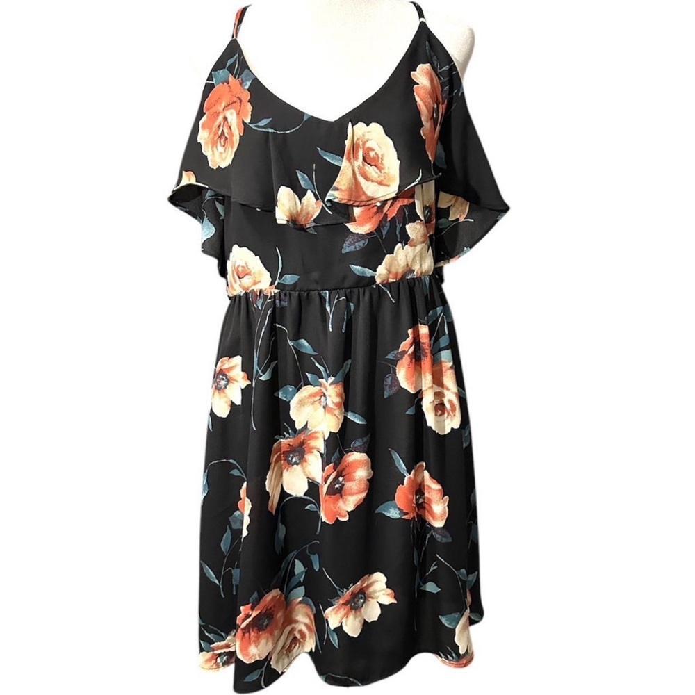 Xhilaration Large Black Dress with Criss Cross Straps and Floral Design